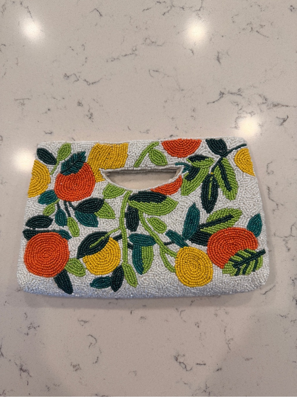 Viral Beaded Citrus Floral Handheld Clutch - White with Orange & Yellow